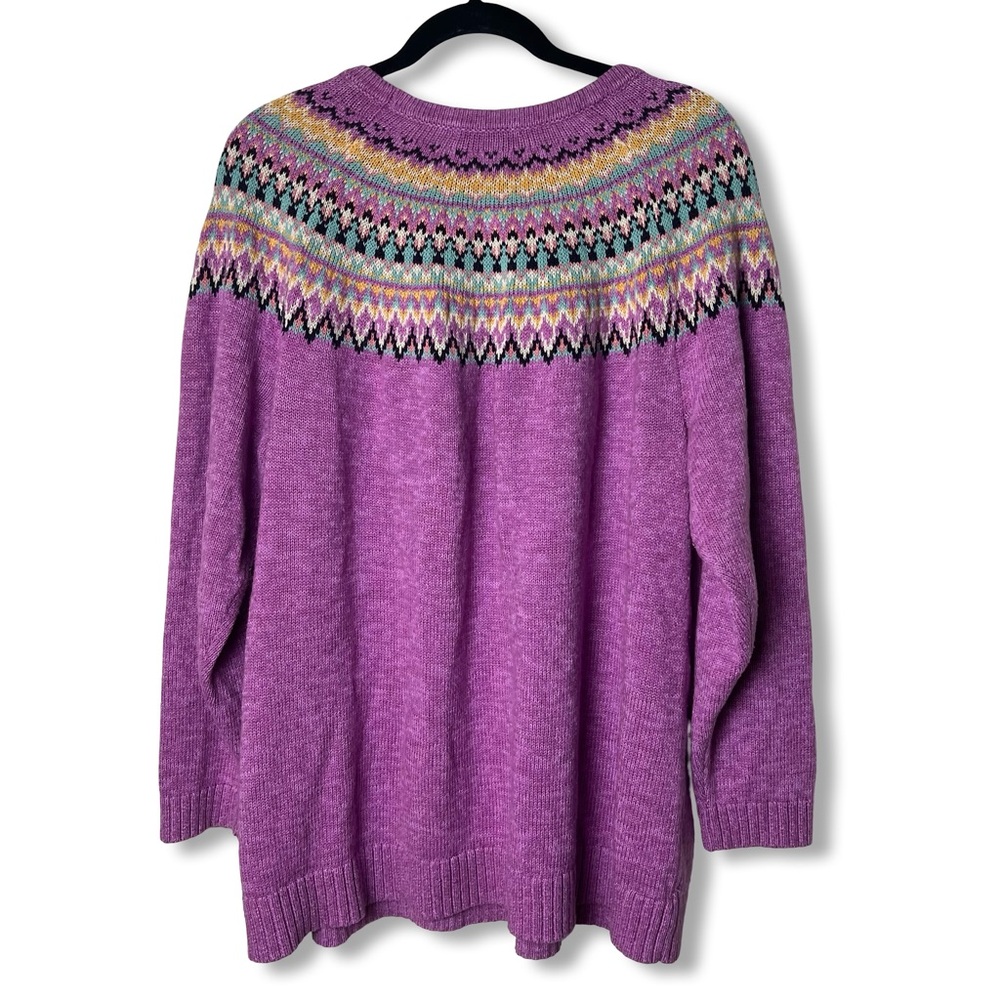 CJ Banks Fair Isle Yoke Crewneck Sweater Purple Multicolor Plus Sz 3X - Picture 2 of 5